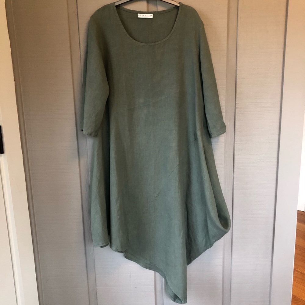 bryn walker sage green asymmetrical Linen Chelsea Dress S